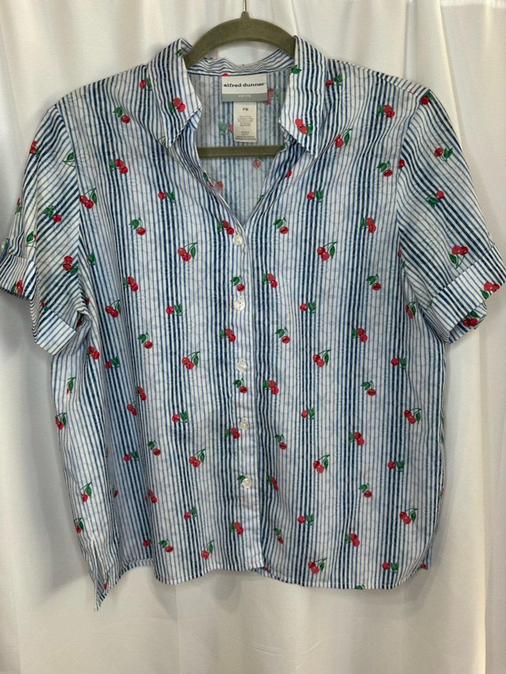 Alfred Dunner Blue and White Striped Cherry Print Shirt Grannycore